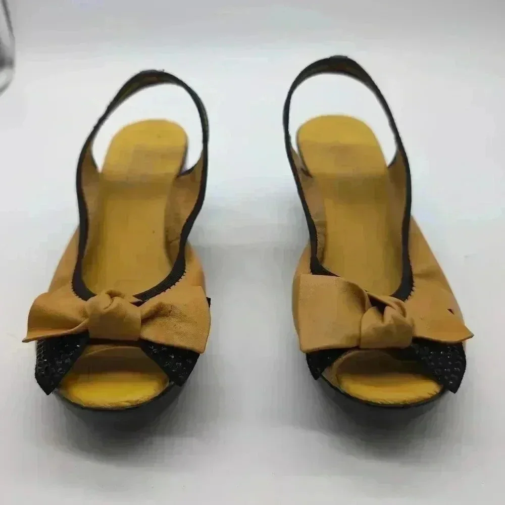 Lingjili Yellow Slingback Platforms sz 6.5 bow toe